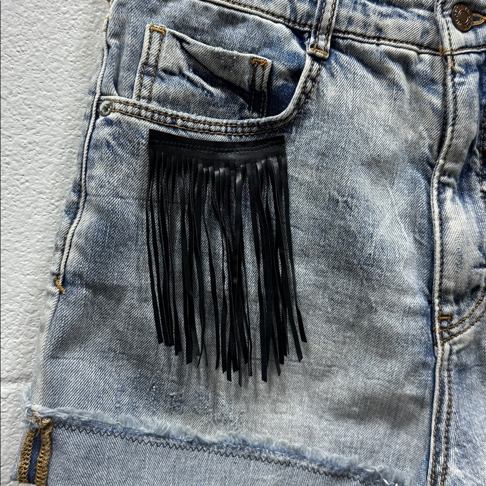 Pilcro by Anthropologie Jean Boho Fringe Denim Shorts w/ Red Bandana Detail - Picture 5 of 8